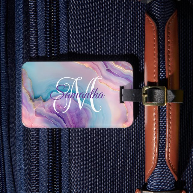 Pastel Purple Blue Pink Agate Luggage Tag (Front Insitu 4)