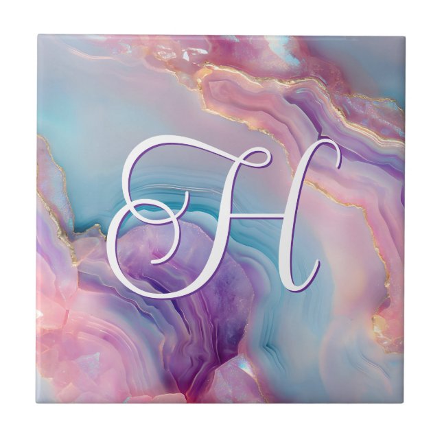 Pastel Purple Blue Pink Agate Monogram Ceramic Tile (Front)