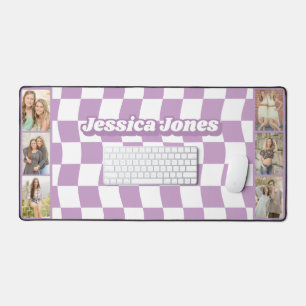 Pastel Purple Checkerboard Cute Name Photo Collage Desk Mat