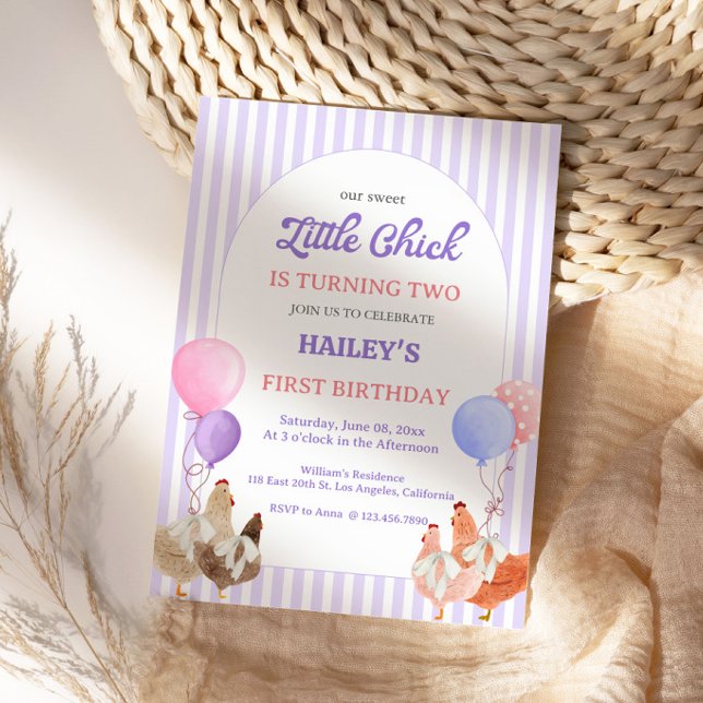 Pastel Purple Chicken Birthday Invitation (Pastel purple chicken birthday invitation for a sweet and charming girl farm party. 🐔💜🎉)