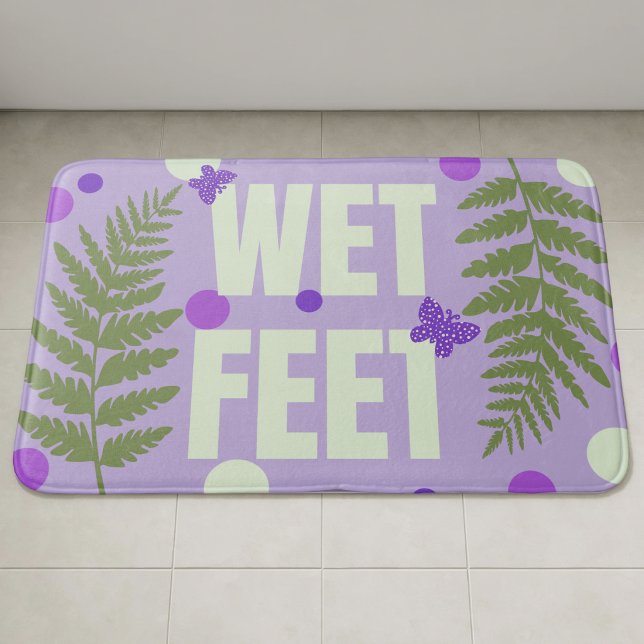 Pastel Purple Cute Nature Bath Mat (Soft purple bathmat with large text, green ferns, spotted butterflies and dots.  Cute & pretty.)