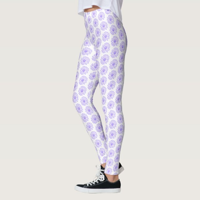 Pastel Purple Daisy Flower Print, Hippie Floral Leggings (Left)