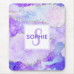 Pastel Purple & Faux Silver Glitter Agate Monogram Mouse Pad