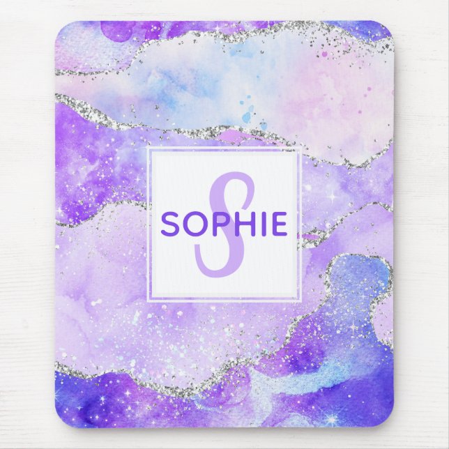 Pastel Purple & Faux Silver Glitter Agate Monogram Mouse Pad (Front)