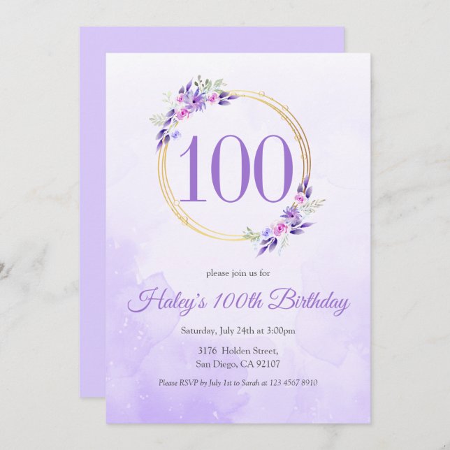 Pastel Purple Floral Golden Wreath 100th Birthday Invitation (Front/Back)