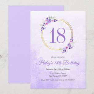 Pastel Purple Floral Golden Wreath 18th Birthday Invitation