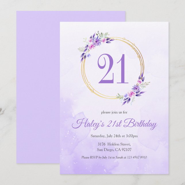 Pastel Purple Floral Golden Wreath 21st Birthday Invitation (Front/Back)