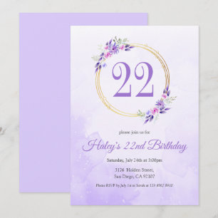 Pastel Purple Floral Golden Wreath 22nd Birthday Invitation