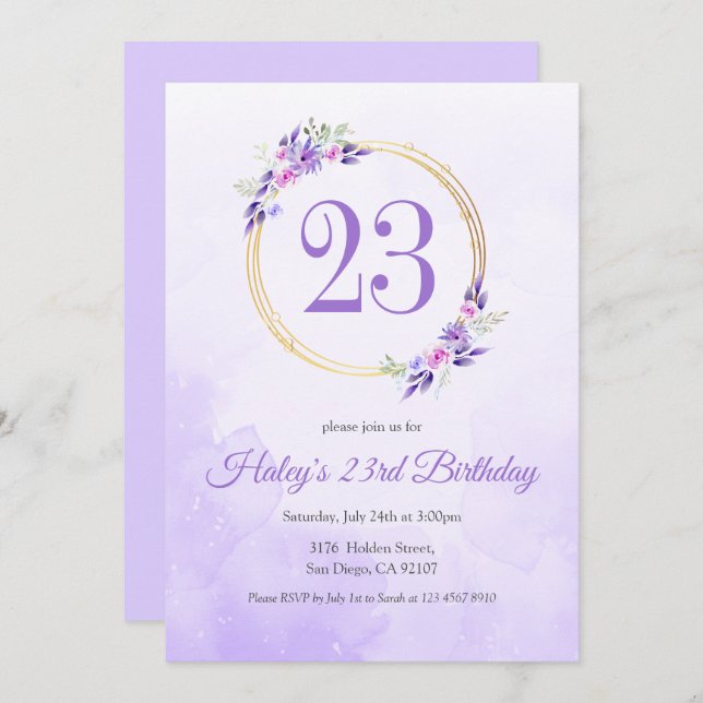 Pastel Purple Floral Golden Wreath 23rd Birthday Invitation (Front/Back)