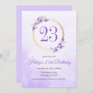 Pastel Purple Floral Golden Wreath 23rd Birthday Invitation