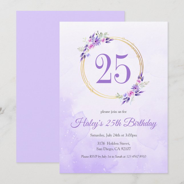 Pastel Purple Floral Golden Wreath 25th Birthday Invitation (Front/Back)