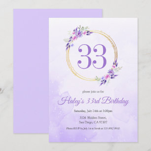 Pastel Purple Floral Golden Wreath 33rd Birthday Invitation
