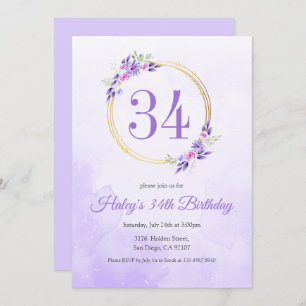Pastel Purple Floral Golden Wreath 34th Birthday Invitation