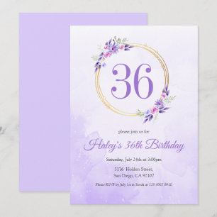 Pastel Purple Floral Golden Wreath 36th Birthday Invitation