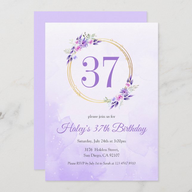 Pastel Purple Floral Golden Wreath 37th Birthday Invitation (Front/Back)