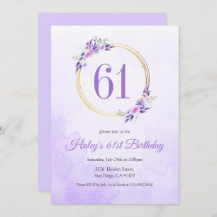 Pastel Purple Floral Golden Wreath 61st Birthday Invitation
