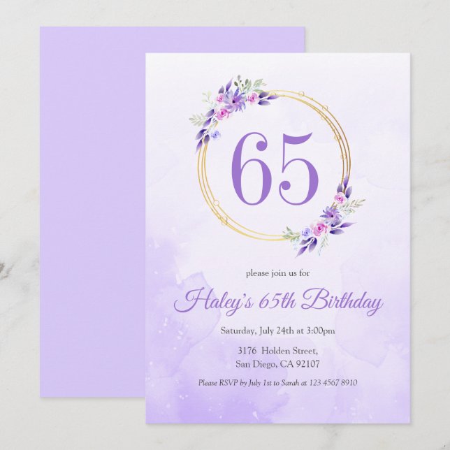 Pastel Purple Floral Golden Wreath 65th Birthday Invitation (Front/Back)