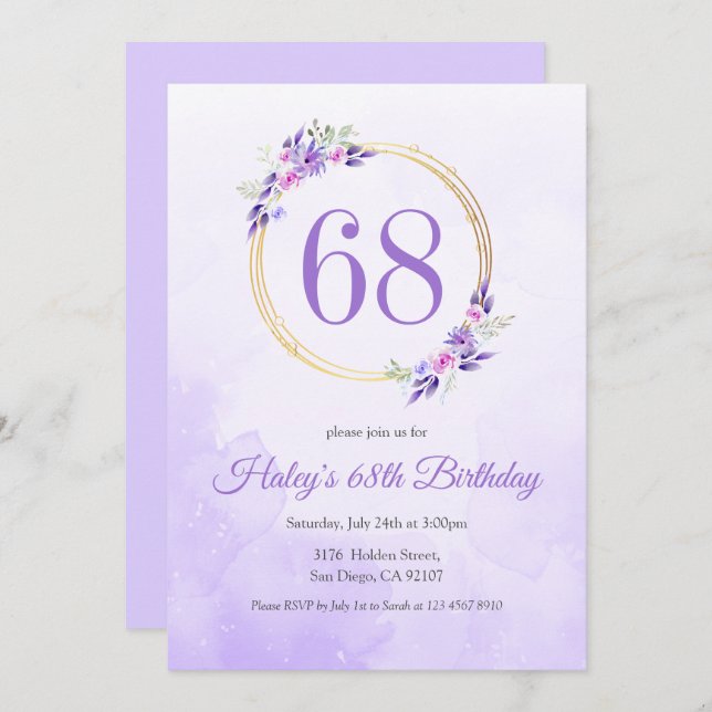Pastel Purple Floral Golden Wreath 68th Birthday Invitation (Front/Back)