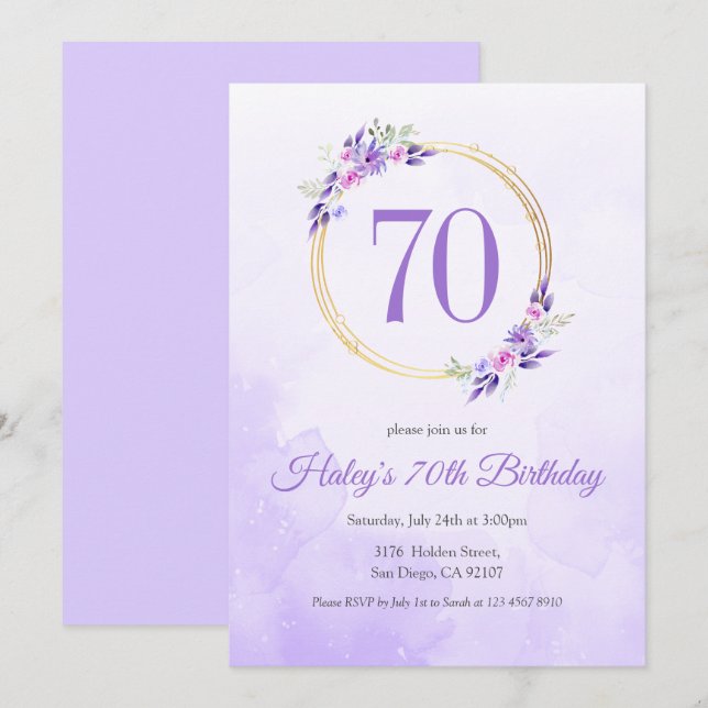 Pastel Purple Floral Golden Wreath 70th Birthday Invitation (Front/Back)