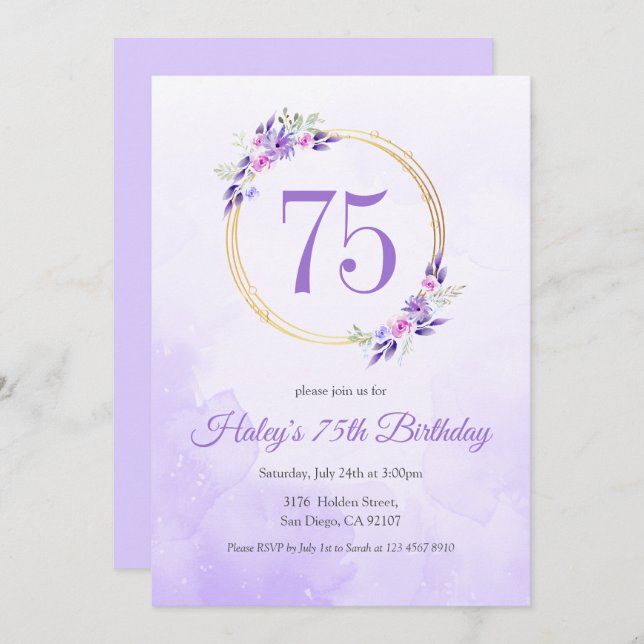 Pastel Purple Floral Golden Wreath 75th Birthday Invitation (Front/Back)