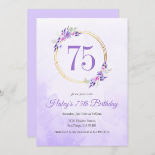 Pastel Purple Floral Golden Wreath 75th Birthday Invitation