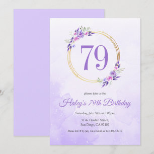 Pastel Purple Floral Golden Wreath 79th Birthday Invitation