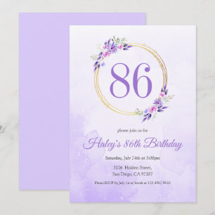 Pastel Purple Floral Golden Wreath 86th Birthday Invitation