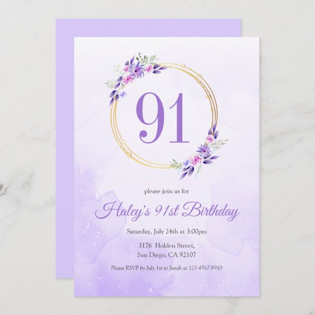Pastel Purple Floral Golden Wreath 91st Birthday Invitation (Front/Back)