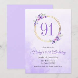 Pastel Purple Floral Golden Wreath 91st Birthday Invitation