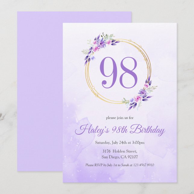 Pastel Purple Floral Golden Wreath 98th Birthday Invitation (Front/Back)