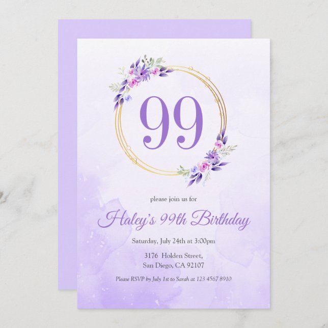 Pastel Purple Floral Golden Wreath 99th Birthday Invitation (Front/Back)