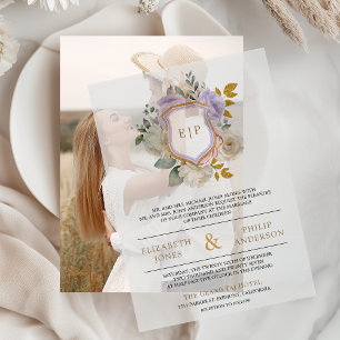 Pastel Purple Floral Monogram Crest Wedding Vellum Invitations