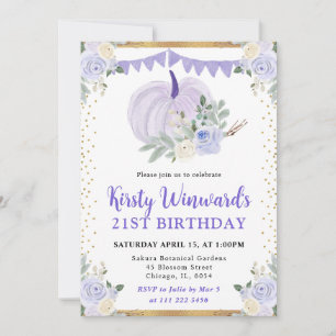 Pastel Purple Floral Pumpkin Fall 21st Birthday Invitation