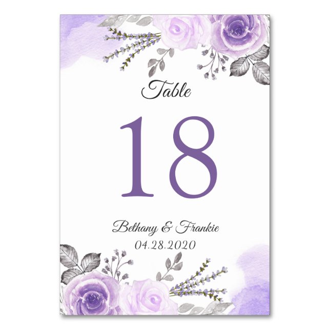 Pastel Purple Floral Wedding Table Number Card (Front)