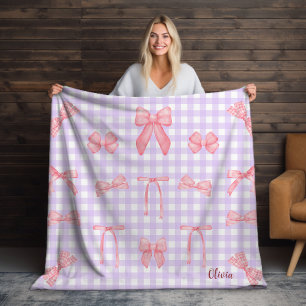 Pastel Purple Gingham & Pink Bow Fleece Blanket
