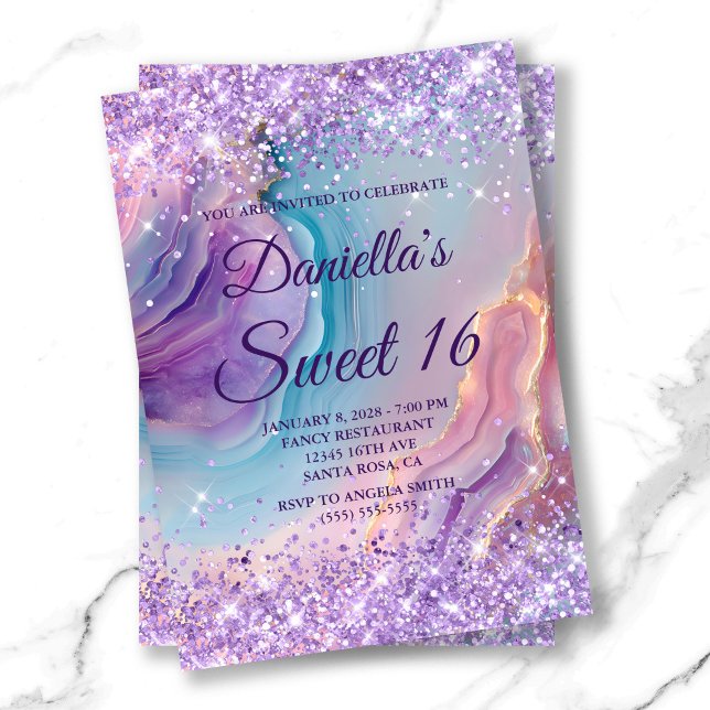 Pastel Purple Glittery Blue Pink Agate Sweet 16 Invitation (Pastel Purple Glittery Blue Pink Agate Sweet 16 Invitation)