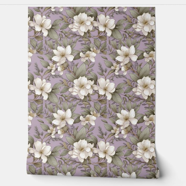 Pastel purple gold and sage white magnolia flowers wallpaper (Unrolling)