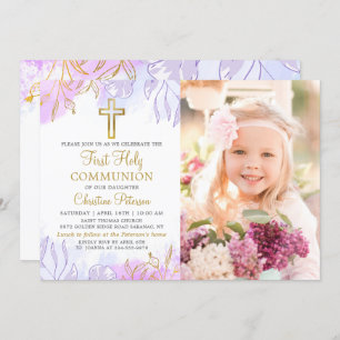 Pastel Purple Gold Floral First Communion Photo Invitation