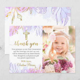Pastel Purple Gold Floral First Communion Photo Thank You Card
