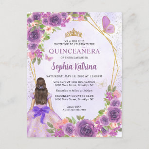 Pastel Purple Gold Floral Princess Quinceañera Invitation Postcard