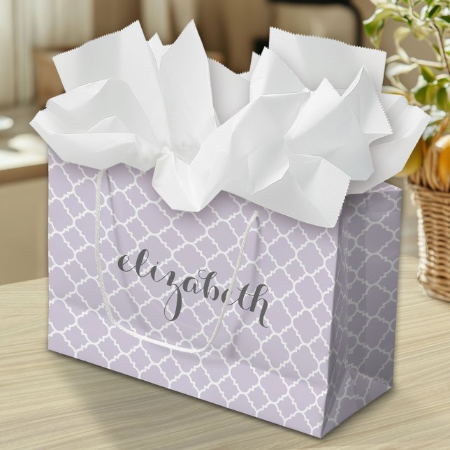 Pastel Purple Grey Quatrefoil Pattern Custom Name Large Gift Bag (Custom Gift Bag)