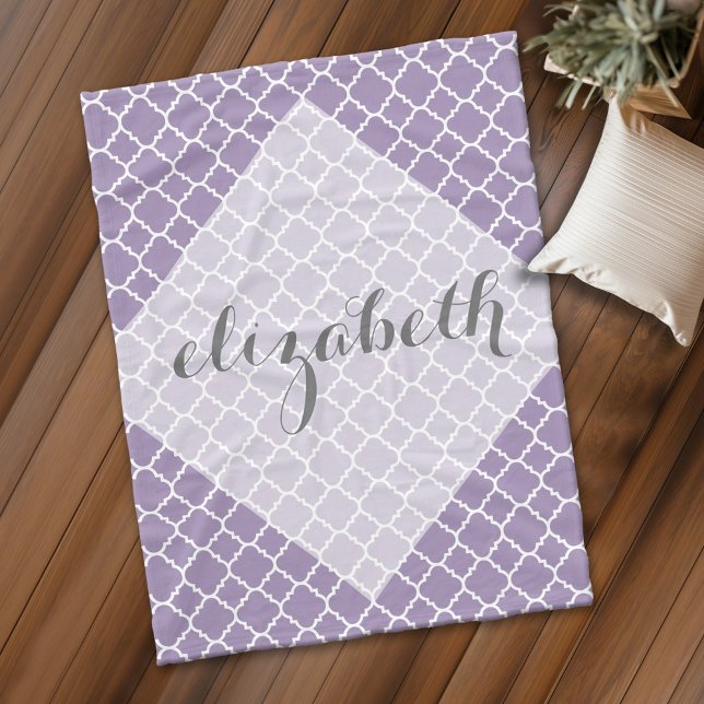 Pastel Purple Grey Quatrefoil Pattern script Name Fleece Blanket (Personalized fleece blanket with monogram)