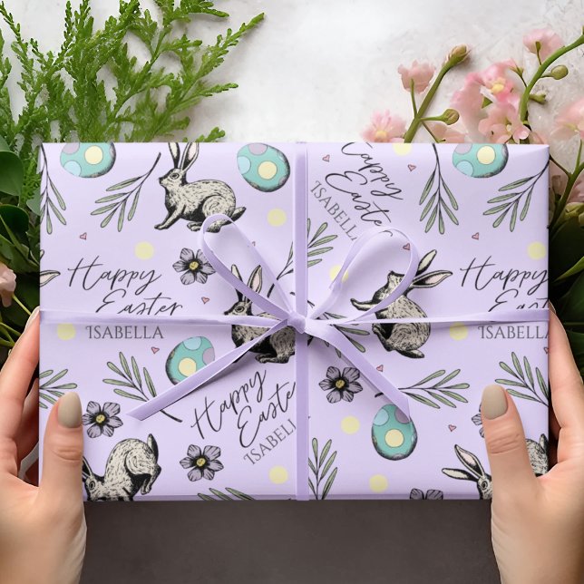 Pastel Purple Happy Easter Bunnies Wrapping Paper (Pastel Purple Happy Easter Wrapping Paper for Kids with Custom Name, Easter Bunnies, Eggs & Flowers.)