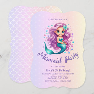 Pastel Purple Little Mermaid Watercolor Birthday Invitation