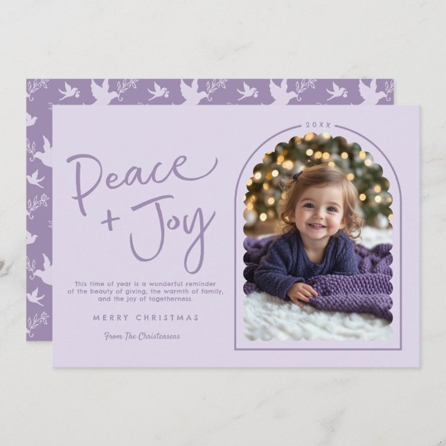 Pastel Purple Modern Peace Joy Photo Christmas Holiday Card (Front/Back)