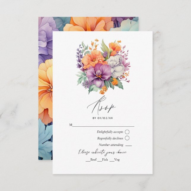 Pastel Purple, Orange and Mint Floral Wedding RSVP Card (Front/Back)