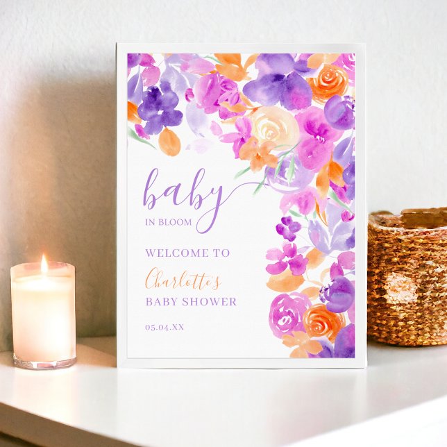 Pastel purple orange floral welcome baby shower poster (Pastel purple orange floral welcome baby shower poster)