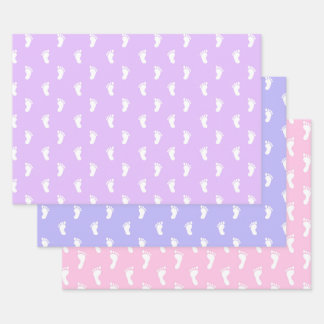 PASTEL PURPLE PERIWINKLE PINK ROWS OF BABY FEET WRAPPING PAPER SHEET