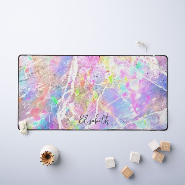Pastel Purple Pink Holographic Opal Girly Add Name Desk Mat (Kids Table)