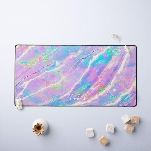  Pastel Purple Pink & Teal Holographic Marble Name Desk Mat (Kids Table)